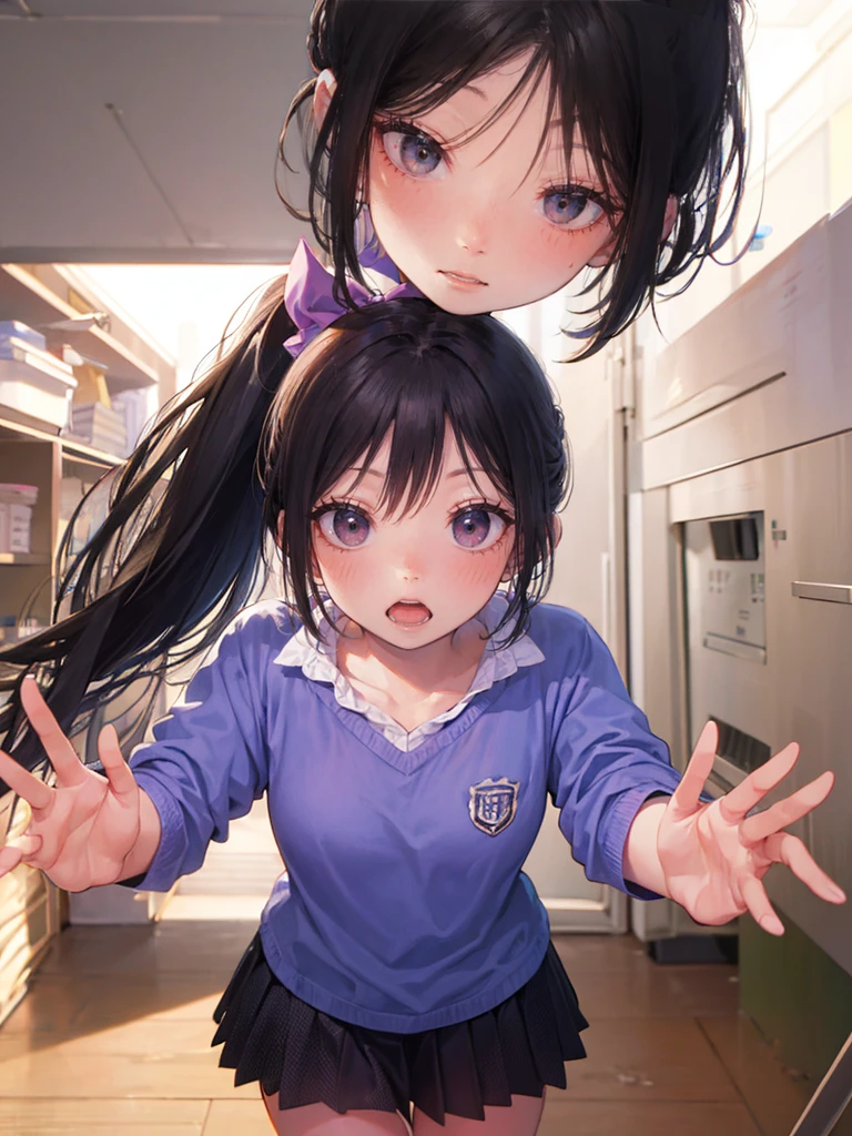 Random pose、Black Hair、Small breasts、Black Hair、Short Ponytail、Random pose、Pale purple eyes、、classroom、Blushing、Embarrassed expression、、
