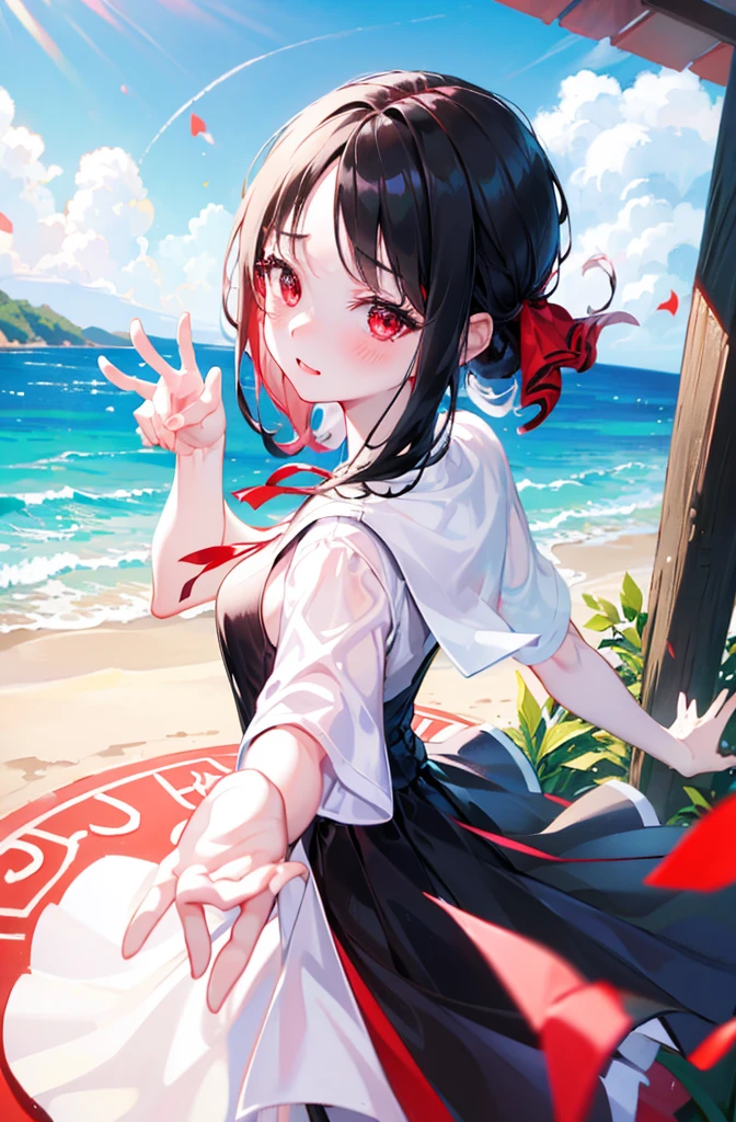 Random pose、Black Hair、Small breasts、Random pose、Red ribbon、Pale red eyes、classroom、Blushing、Embarrassed expression、、