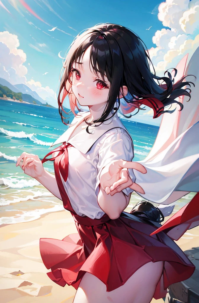 Random pose、Black Hair、Small breasts、Random pose、Red ribbon、Pale red eyes、classroom、Blushing、Embarrassed expression、、