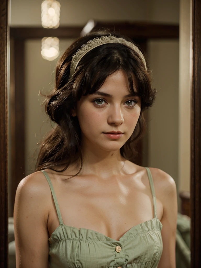 Woman, jane austen character, Caucasian skin, dark haired, greeneyes,