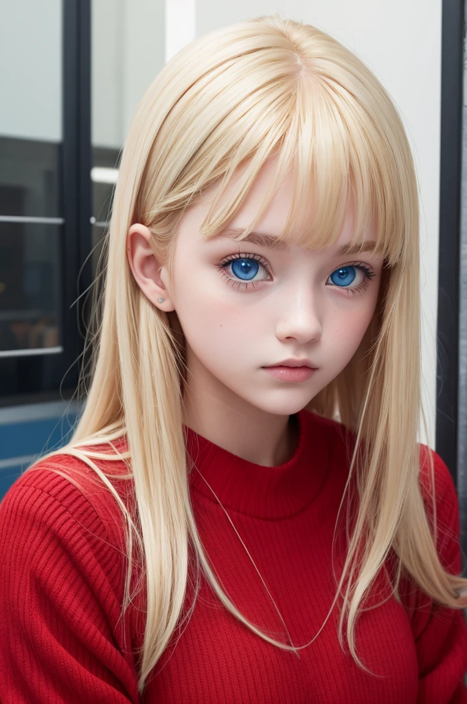 age girl with blonde hair color and blue eyes and red clothing color