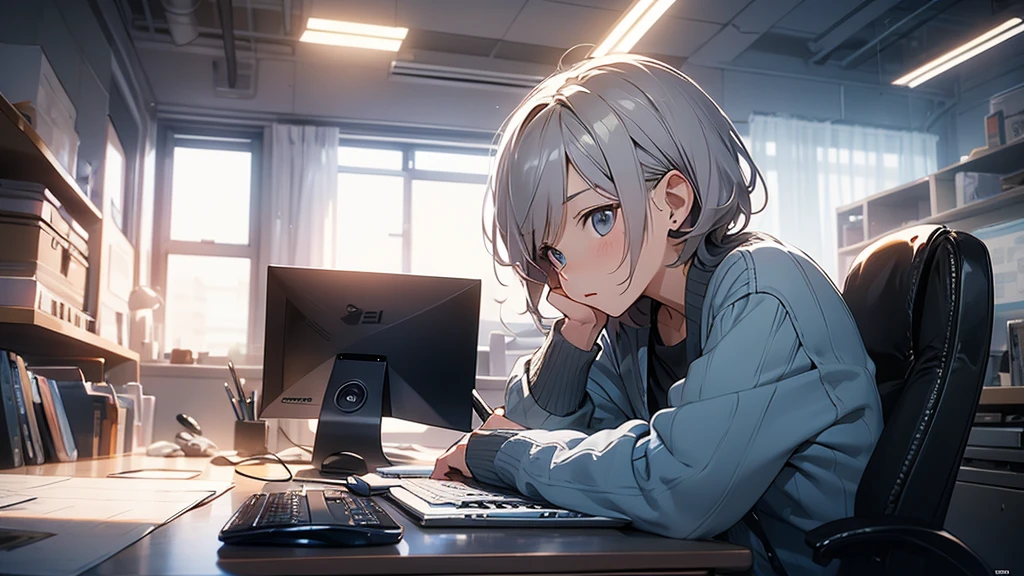 Man in his 50s　Design studio　Mac computer　Stylish office graphic designer　I&#39;m working　Gray Hair　Small face from behind　Man in his 50s　work　Don't show your face　only the back　Several female staff members