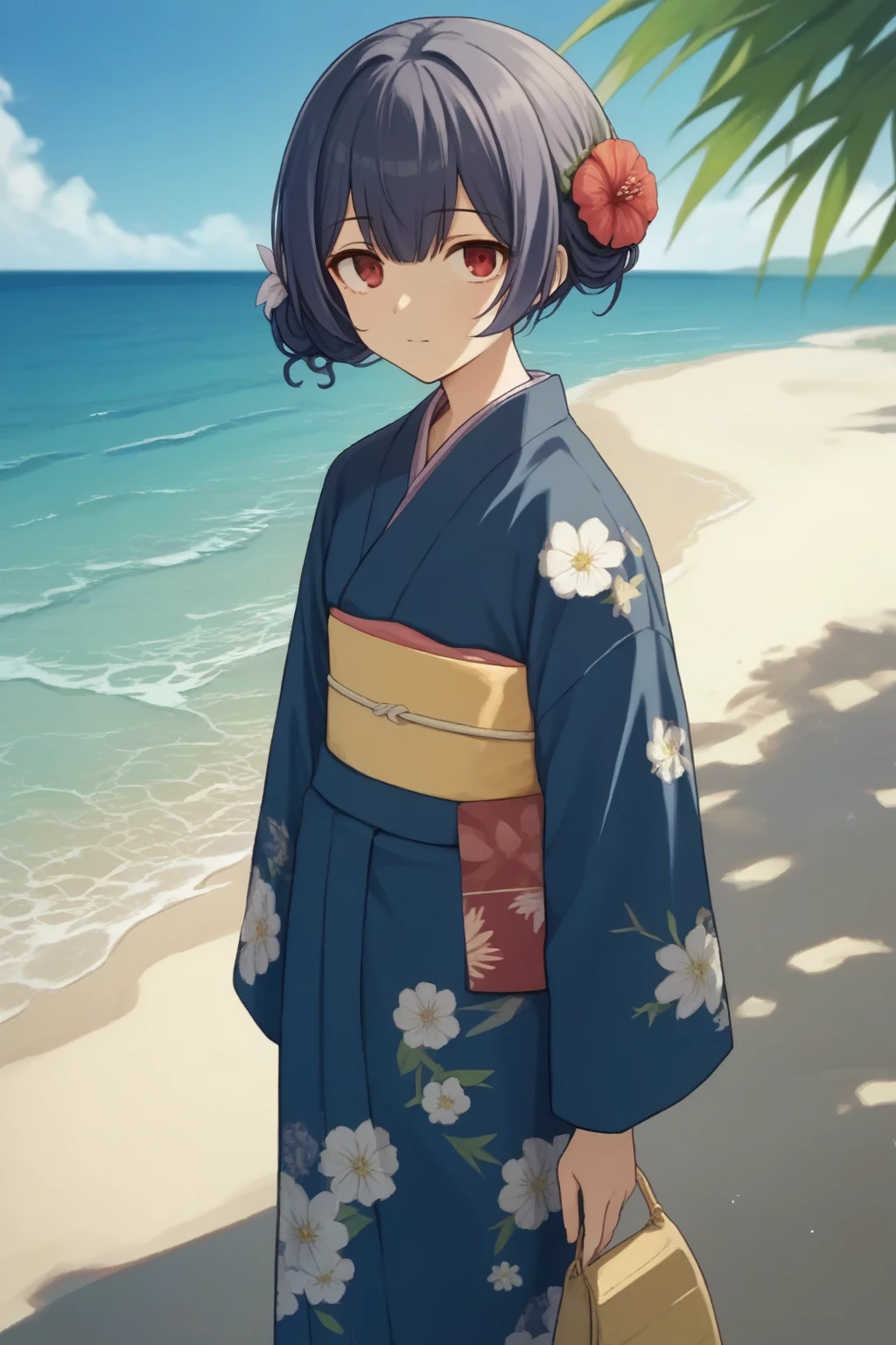 score_9, score_8_up, score_7_up, score_6_up, score_5_up, score_4_up, BREAK source_anime, 1girl, looking at viewer, short hair, red eyes, blue kimono, floral print, long sleeves, outside, sand, water, sky