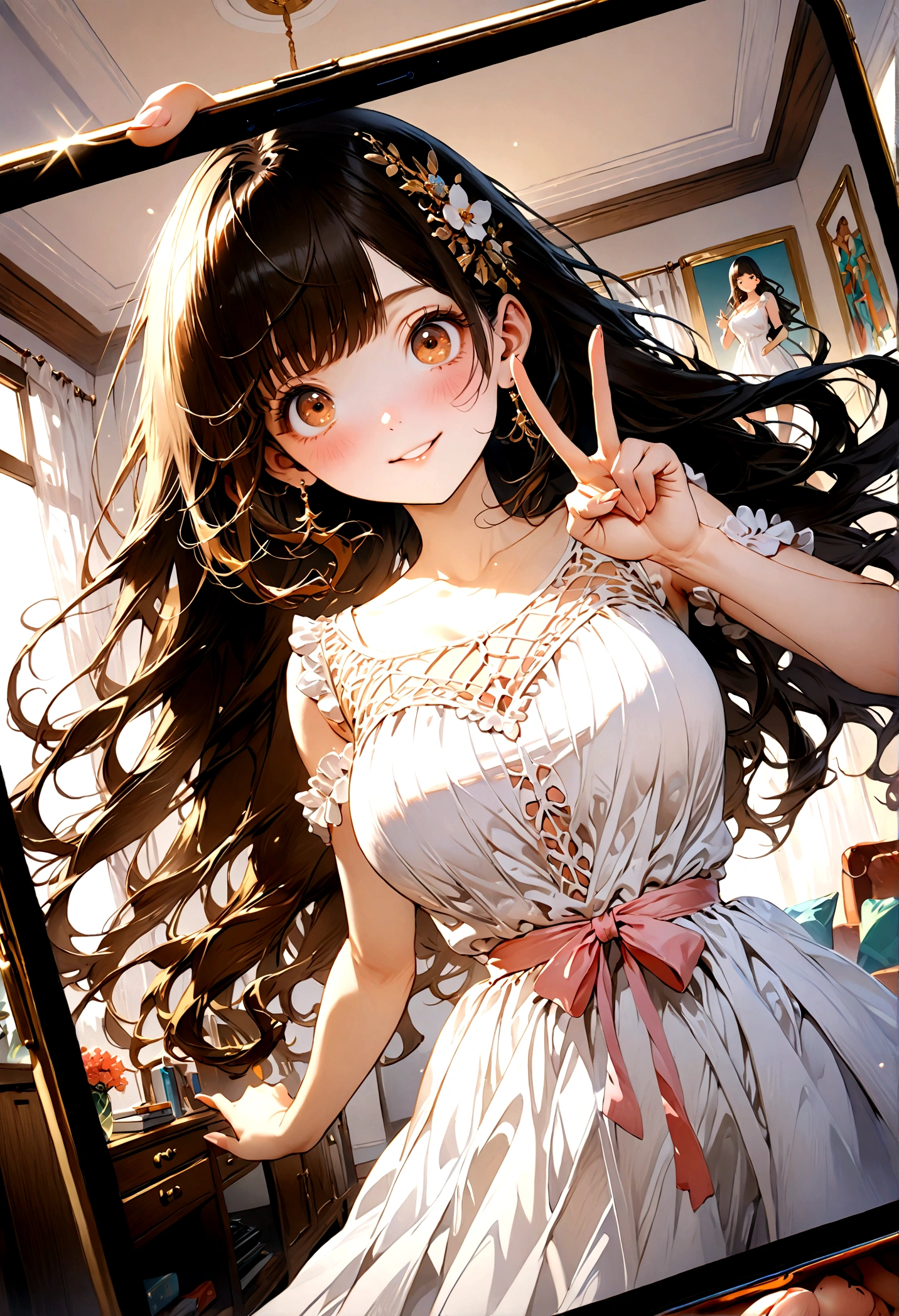 ((1girl)), super fine illustration, vibrant colors, absurdres extremely detailed CG, 8k wallpaper, (masterpiece:1.3), dynamic angle, dynamic pose,
best quality, depth of field, cinematic lighting, ultra detailed, brown long hair, very straight hair, large breast, white knit dress , 20yo, cute, very baby face, brown eyes, kawaii, smile, droopy eyes, arms at sides, smartphone, modern living room, peace fingers, The screen of the smartphone in his hand is facing towards me