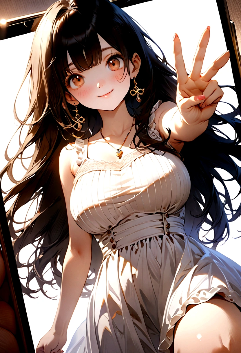 ((1girl)),  super fine illustration, vibrant colors, absurdres extremely detailed CG, 8k wallpaper, (masterpiece:1.3), dynamic angle, dynamic pose, 
best quality, depth of field, cinematic lighting, ultra detailed, brown long hair, very straight hair, large breast, white knit dress , 20yo, cute, very , brown eyes, kawaii, smile, droopy eyes, arms at sides, smartphone, modern living room, peace fingers, The screen of the smartphone in his hand is facing towards me