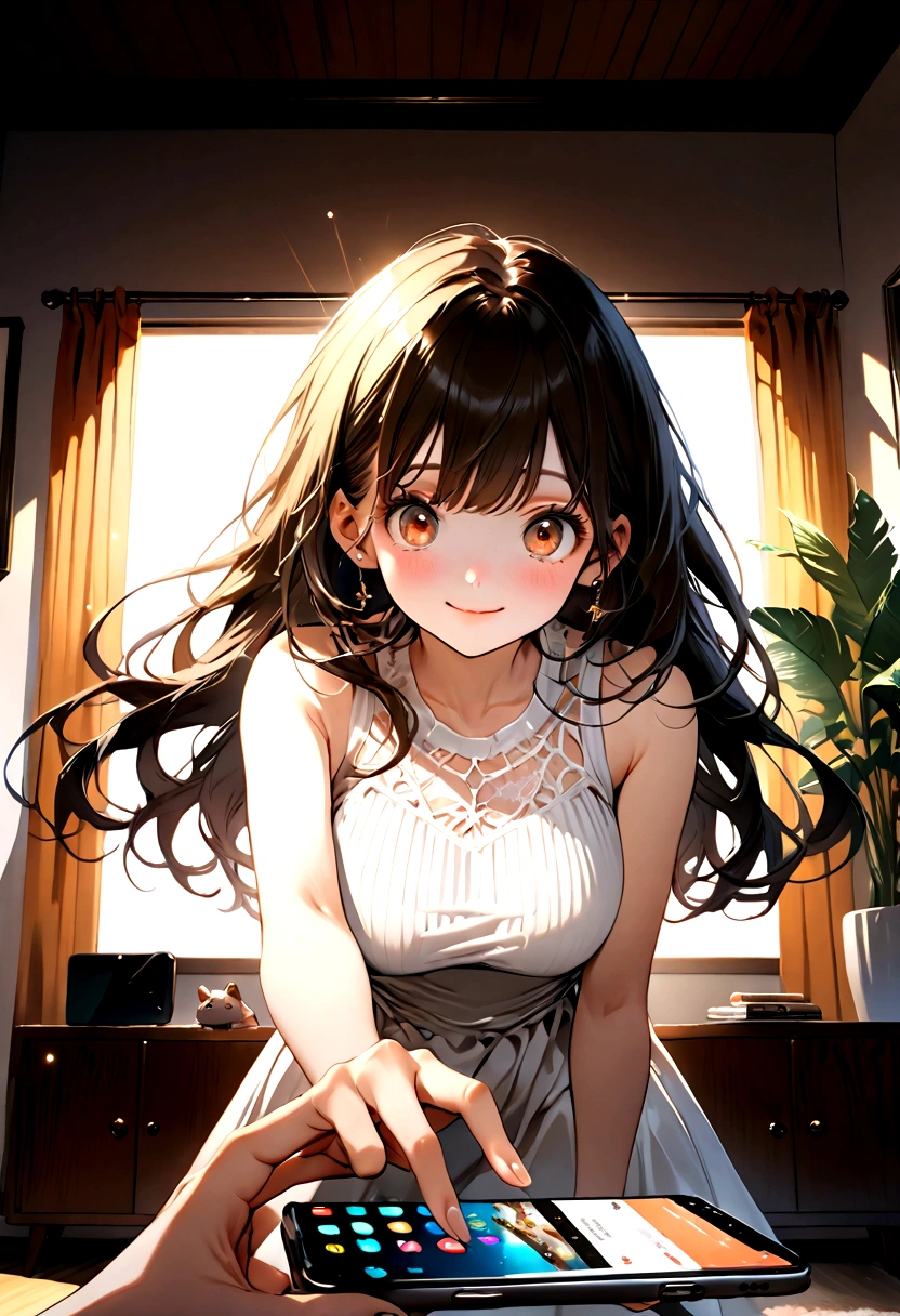 ((1girl)),  super fine illustration, vibrant colors, absurdres extremely detailed CG, 8k wallpaper, (masterpiece:1.3), dynamic angle, dynamic pose, 
best quality, depth of field, cinematic lighting, ultra detailed, brown long hair, very straight hair, large breast, white knit dress , 20yo, cute, very baby face, brown eyes, kawaii, smile, droopy eyes, arms at sides, smartphone, modern living room, peace fingers, The screen of the smartphone in his hand is facing towards me