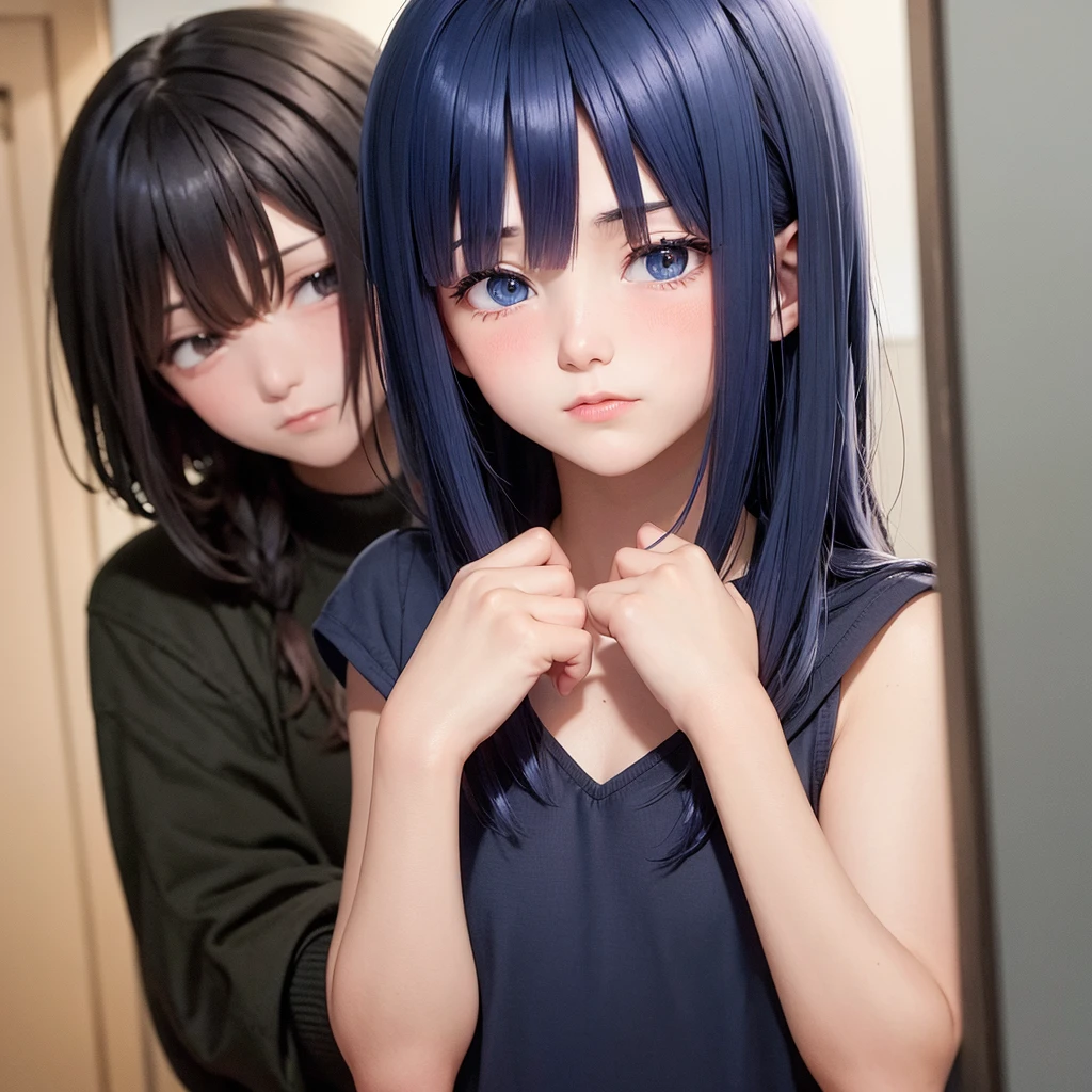 Teenage boy dark blue hair blushing while nervous 