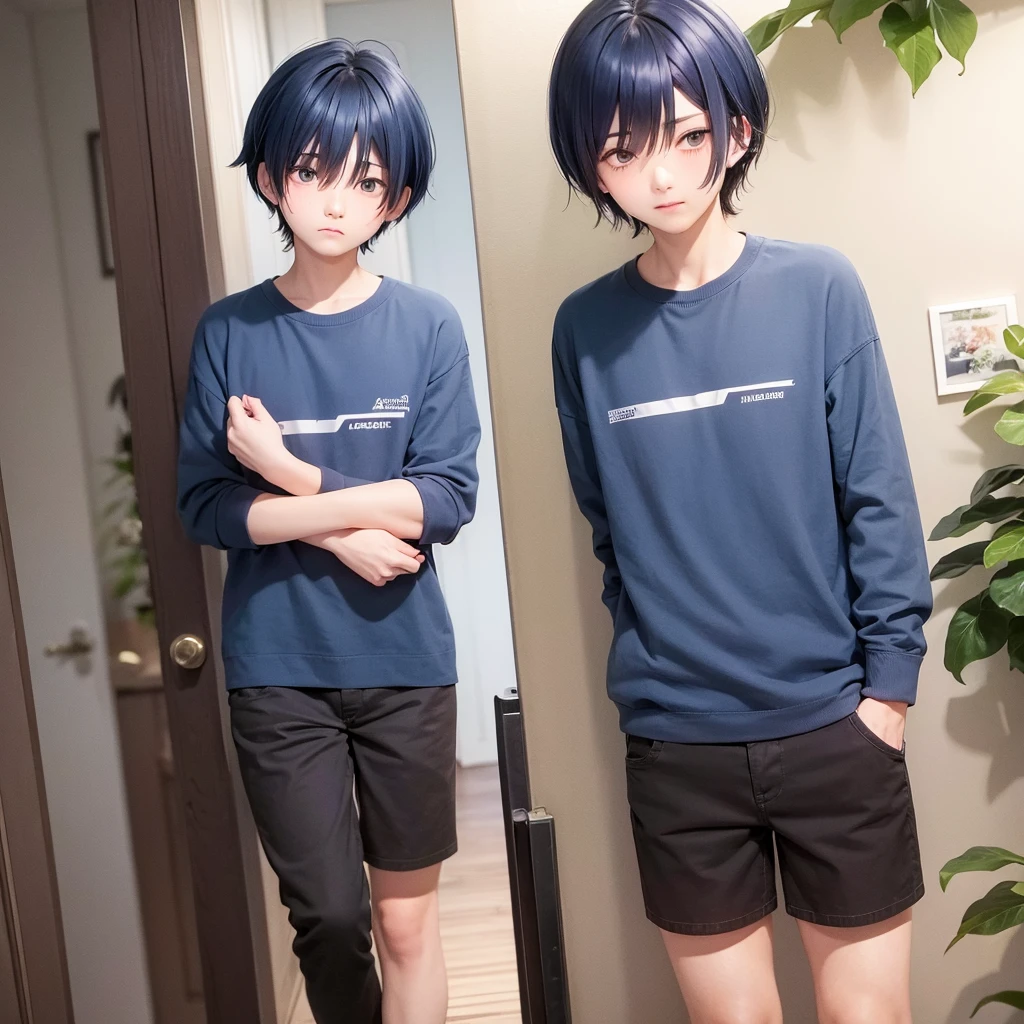 Teenage boy dark blue hair blushing while nervous