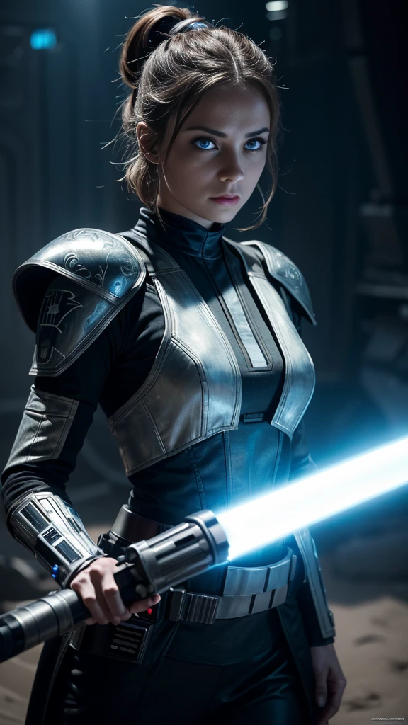 a female jedi in star wars, holding a glowing lightsaber, detailed face, beautiful eyes, long eyelashes, detailed intricate armor, sci-fi, epic, cinematic lighting, dramatic shadows, high contrast, vibrant colors, 8k, hyper detailed, masterpiece