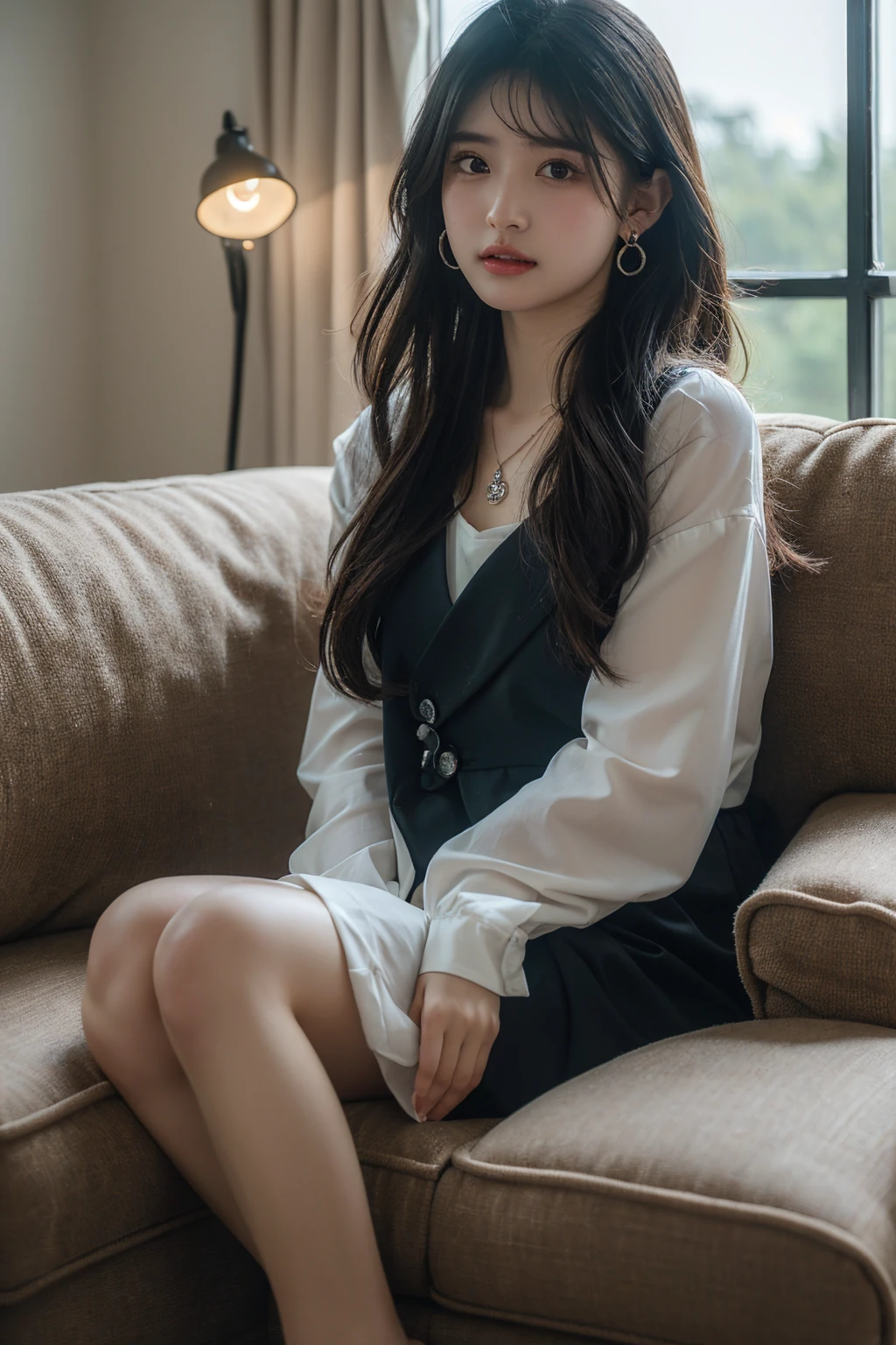 (Highest quality:1.4),(masterpiece:1.4),(Realistic:1.4),(Realistic:1.2),(超High resolution, RAW Photos:1.4),(High resolution, Very detailed:1.2),(8K:1.2),View your viewers,Cinematography,One Girl,skeletally correct，Black-haired woman，(Small earrings，necklace，Witch Cosplay，View from the front),（Inside the Western-style building，Dimly lit room，The lamplight shines on my cheeks，Sit on the sofa）