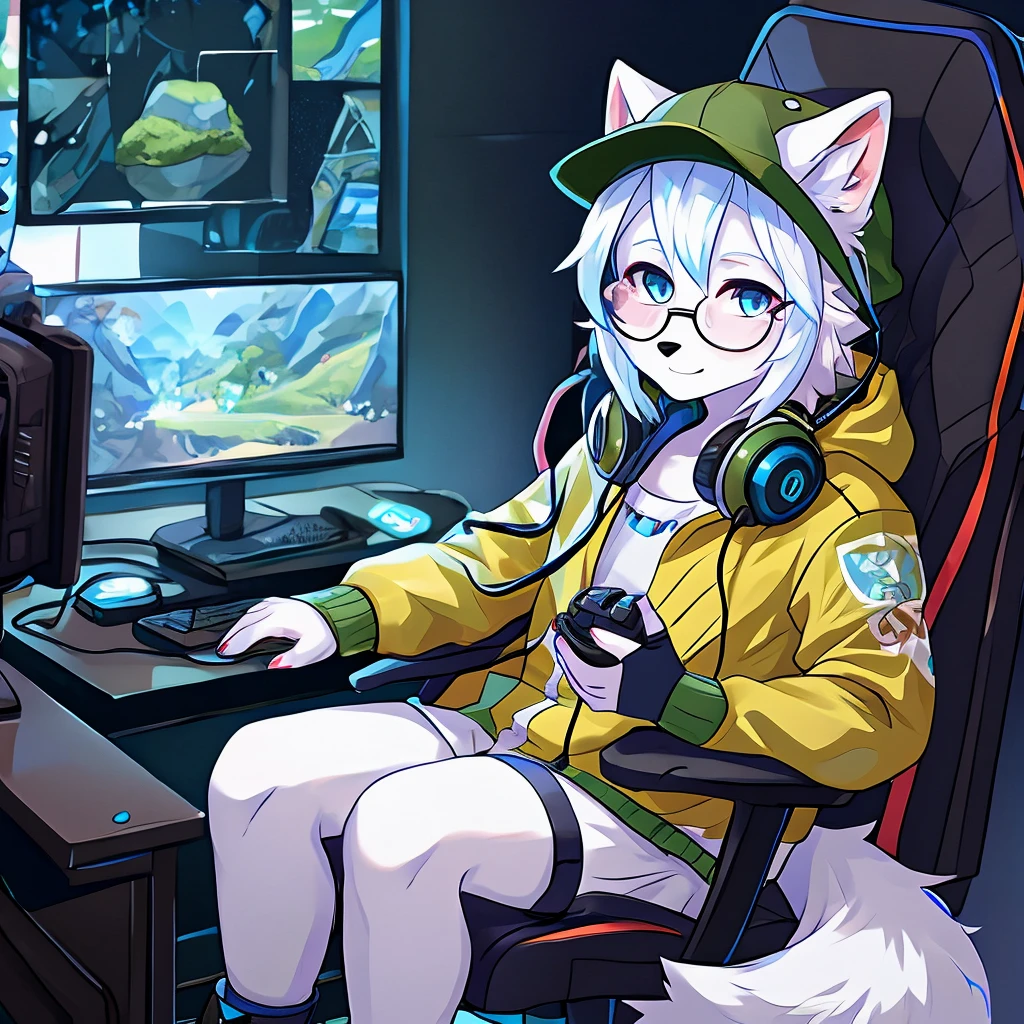 arctic fox, mascle, yellow jacket, moss green cap, wearing glasses, sitting on an economical chair, using gaming headphones, fluffly, white hair with light blue tips, gamer, 独奏