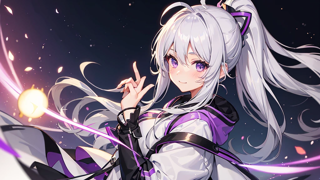 ((Highest quality,High resolution,)),(silver hair, ahoge, ponytail, purple eyes),(20-year-old,cute),Headphones light smile, blush,anime, anime style,(night view)