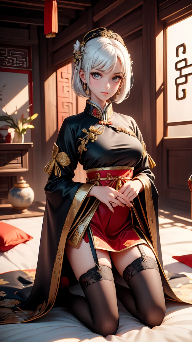 A very beautiful 19 year old woman, ((white hair)), bob haircut, shorth hair, ((big yellow eyes:1,2)) ((olhos clear, clear)) ((Glowing gold Eyes:0,3)) red nails, young and beautiful face, brawny, slim body, but well proportioned, perfect white skin, high detailed drawing, lifelike face. (((Wearing traditional Chinese imperial clothing, black with gold decorations:1,5))) ((black clothes with gold details:0,5)) ((black cloak with golden decorations:0,5)) ((black dress with gold details,)) (((red skirt with gold details:1,2))) ((red skirt with gold details:0,5)) ((with red Hanafuda earrings:0,3)) ((black garter belt with thigh high stockings:0,3)) Kneeling on a white bed in an ancient Chinese room, with full moon and stars visible through the window at night, with flashes of light reflecting off your body. 4k anime art, perfect lighting.