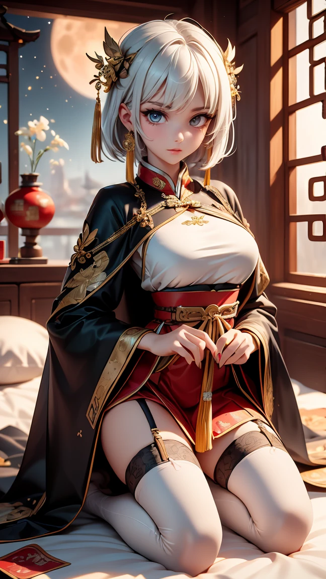 A very beautiful 19 year old woman, ((white hair)), bob haircut, shorth hair, ((big yellow eyes:1,2)) ((olhos clear, clear)) ((Glowing gold Eyes:0,3)) red nails, young and beautiful face, brawny, slim body, but well proportioned, perfect white skin, high detailed drawing, lifelike face. (((Wearing traditional Chinese imperial clothing, black with gold decorations:1,5))) ((black clothes with gold details:0,5)) ((black cloak with golden decorations:0,5)) ((black dress with gold details,)) (((red skirt with gold details:1,2))) ((red skirt with gold details:0,5)) ((with red Hanafuda earrings:0,3)) ((black garter belt with thigh high stockings:0,3)) Kneeling on a white bed in an ancient Chinese room, with full moon and stars visible through the window at night, with flashes of light reflecting off your body. 4k anime art, perfect lighting.