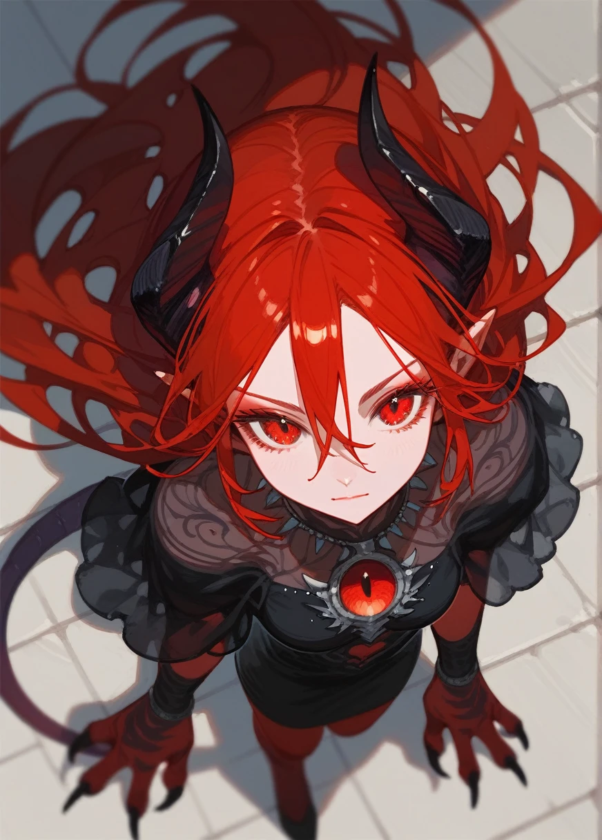 (score_9,score_8_above,score_7_above),1 girl,demon girl,Red hair,Red eyes,Alas,claws,black dress,beautiful_face,