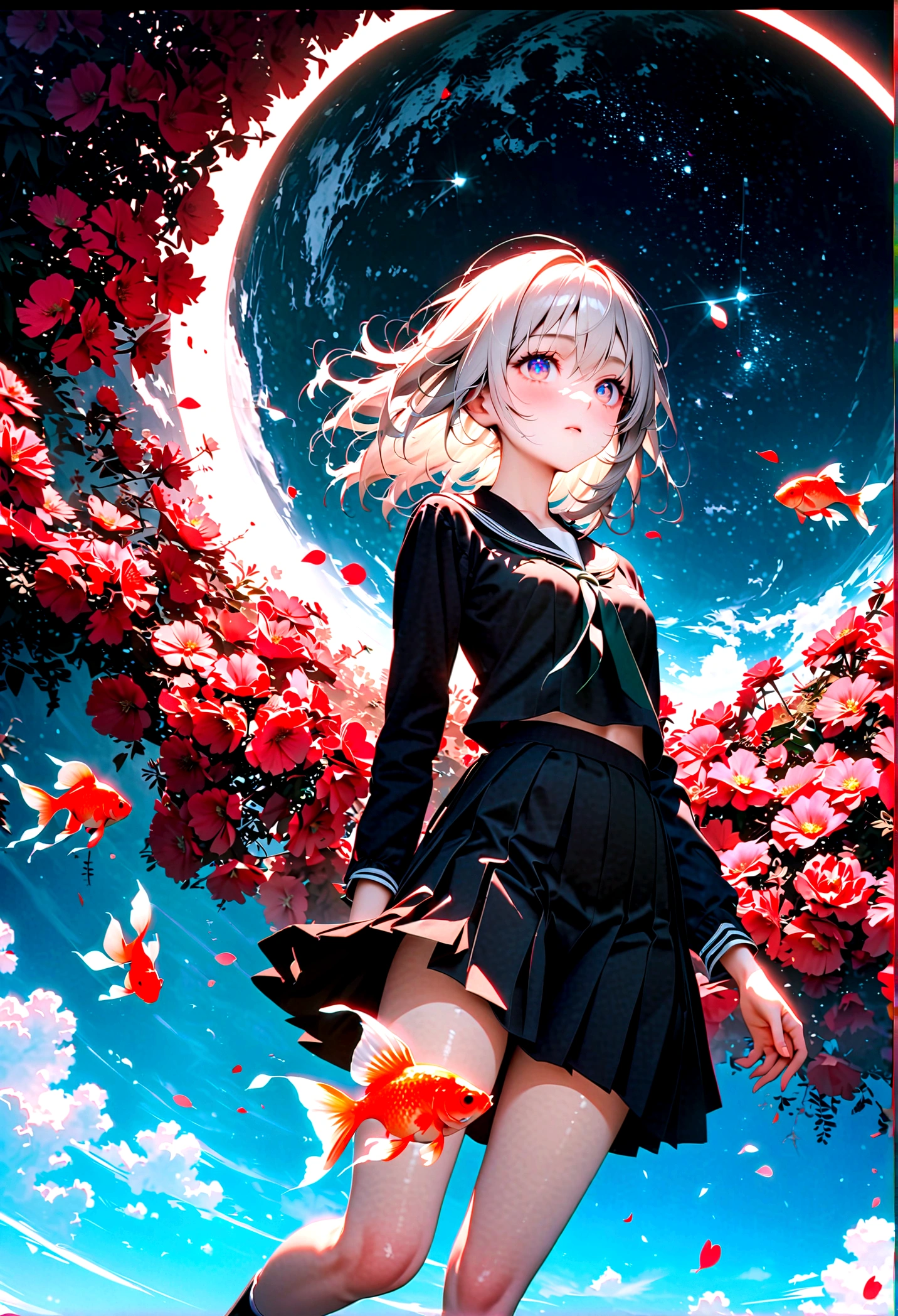 (woman\(, 15 yearhort silver hair floating, Space-colored eyes, school black uniform, Pale skin, Tired face、lack of shine in the eyes\) Looking up at the sky), (Many shiny red scale goldfish swimming in the air), Beautiful sky, Beautiful Clouds, Colorful summer flowers are blooming everywhere., You can feel the wind blowing through the colorful petals., There is a noon moon and a noon star in the sky, break ,quality\(8K,非常に精細なCGユニットのwallpaper, masterpiece,High resolution,top-quality,top-quality real texture skin,Surreal,Increase the resolution,RAW Photos,最高quality,Very detailed,wallpaper,Cinema Lighting,Ray-tracing,Golden Ratio\),Long Shot