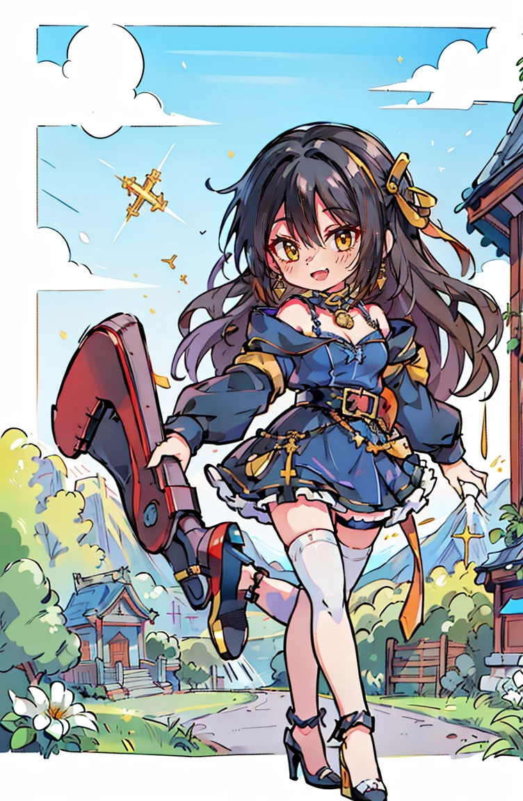 (masterpiece:1.2), (high quality:1.2), (hui xiyi:0.75), rekkyo sensen, rekkyou sensen, (full body, chibi girls:1.45), solo focus, girls with((black hair, tits cleavage, exposed breasts, breasts close up, dress, (blue clothes:1.3), ribbon belt, off-shoulder sleeves, long sleeves, furry jacket, frills shirt, frills camisole, straps, (rosary choker, golden rosary, cross:1.05), (high heels, shoes, exposed legs, left thighhigh, white thighhigh:1.67), (long wavy hair, one side up:1.4))), background with ((architecture, blue sky, building, bush, castle, village, no humans, cloud, cloudy sky, day, fence, field, garden, grass, hill, house, lamppost, landscape, mountain, mountainous horizon, nature, no humans, outdoors, scenery, shrine, sky, tower)), cowboy shot, anime, anime style