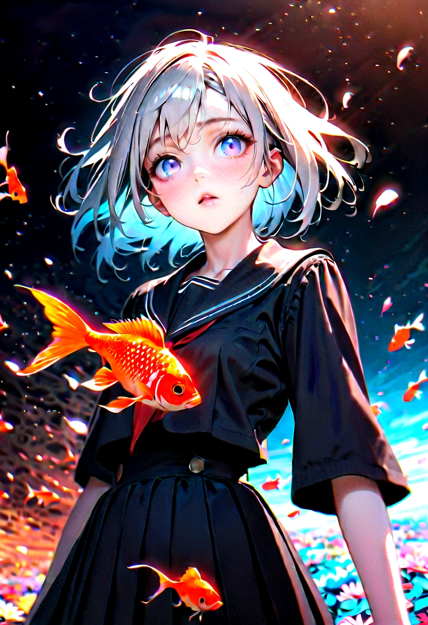 (woman\(student, 15 years old, ＪＫ, Short silver hair floating, Space-colored eyes, school black uniform, Pale skin, Tired face、lack of shine in the eyes\) Looking up at the sky), (Many shiny red scale goldfish swimming in the air), Beautiful sky, Beautiful Clouds, Colorful summer flowers are blooming everywhere., You can feel the wind blowing through the colorful petals., There is a noon moon and a noon star in the sky, break ,quality\(8K,非常に精細なCGユニットのwallpaper, masterpiece,High resolution,top-quality,top-quality real texture skin,Surreal,Increase the resolution,RAW Photos,最高quality,Very detailed,wallpaper,Cinema Lighting,Ray-tracing,Golden Ratio\),Long Shot