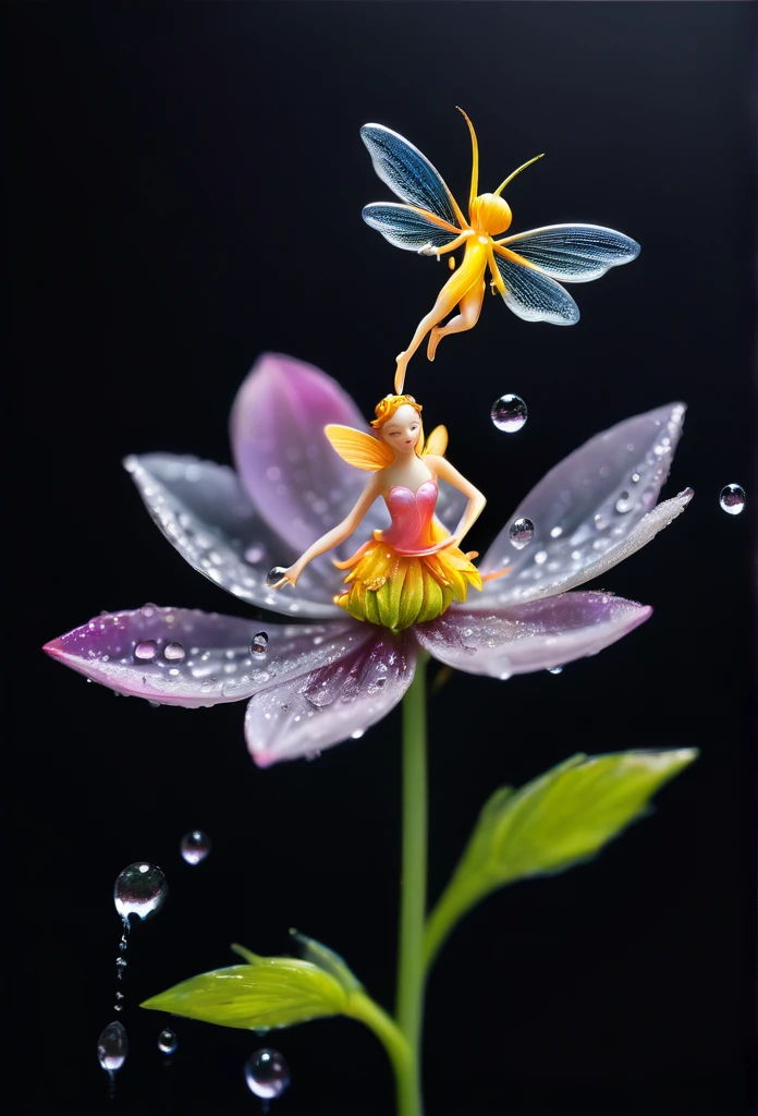 Beautiful volden flower,with water drops,a tiny fairy (miniature) is gracefully admiring the flower, pitch black background,(art work),(refined details),(high quality)