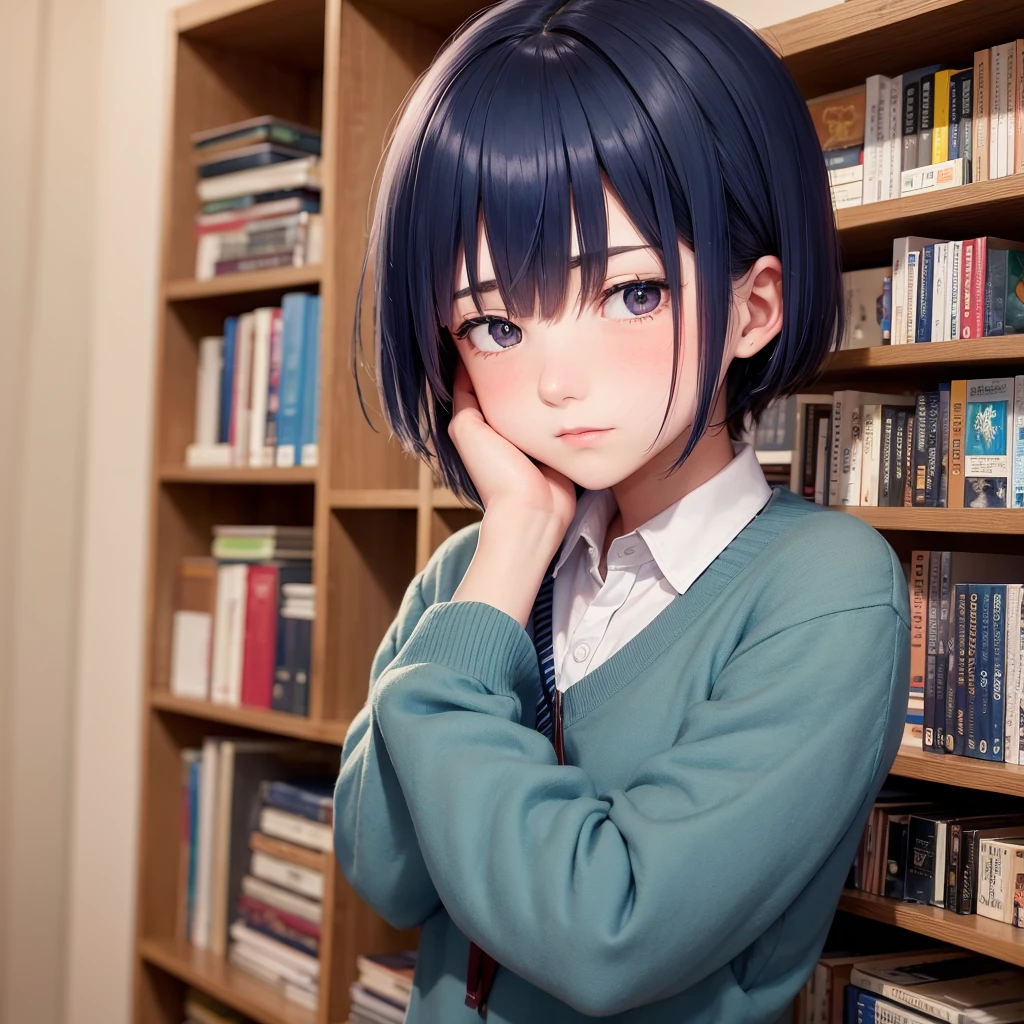  adolescent male, dark blue hair blushing while nervous with books in hand at a school 