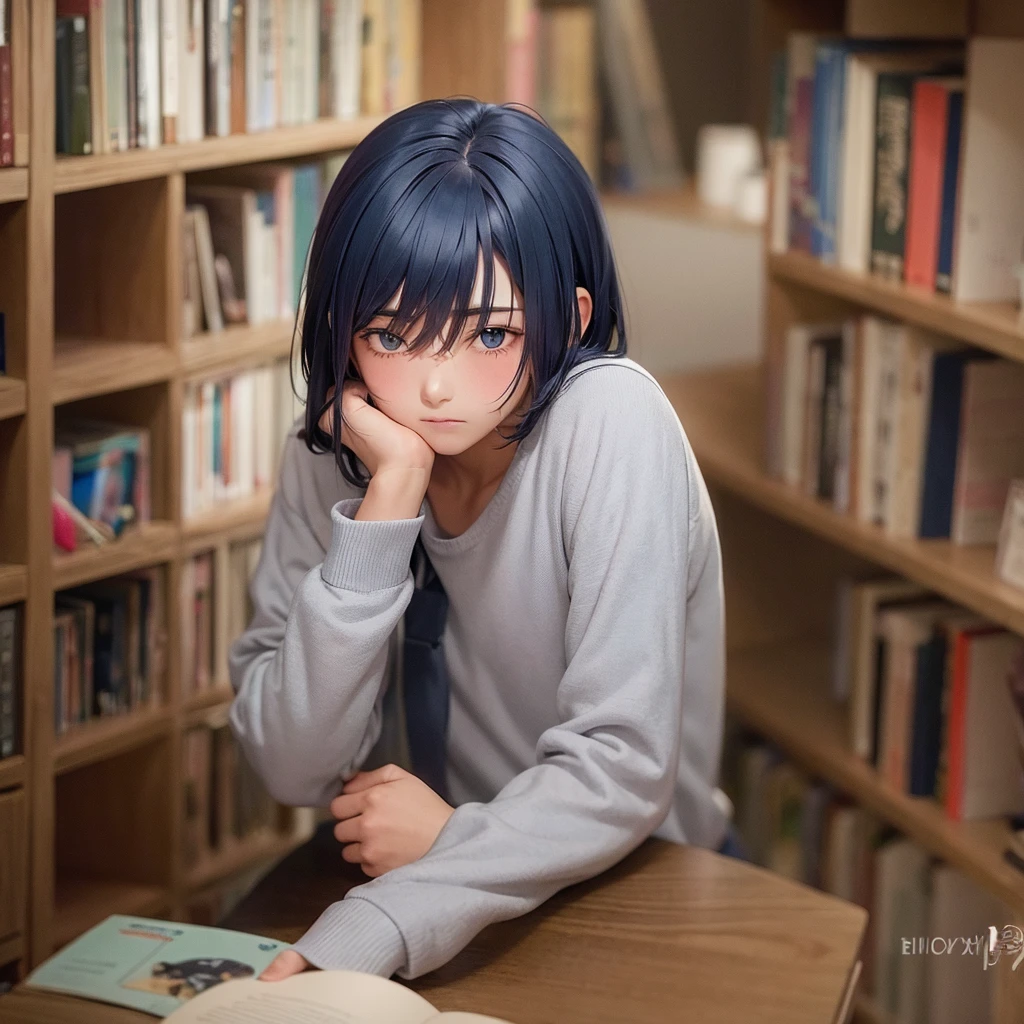  adolescent male, dark blue hair blushing while nervous with books in hand at a school 