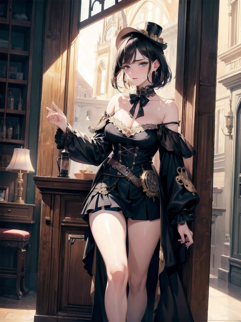 absurdres, RAW photo, extremely delicate and beautiful, masterpiece, Best Quality, ultra high resolution, 32k, hyperrealistic, ultra-detailed, delicate facial features, beautiful detailed woman, tearful mole, earring, medium breasts, full body shot, medium hair, black hair, steampunk fashion, blouse, short skirt, off shoulder,