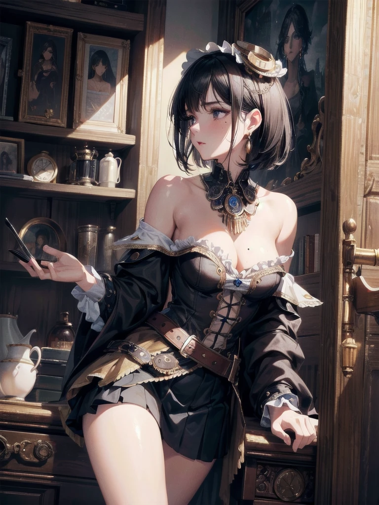 absurdres, RAW photo, extremely delicate and beautiful, masterpiece, Best Quality, ultra high resolution, 32k, hyperrealistic, ultra-detailed, delicate facial features, beautiful detailed woman, tearful mole, earring, medium breasts, full body shot, medium hair, black hair, steampunk fashion, blouse, short skirt, off shoulder,