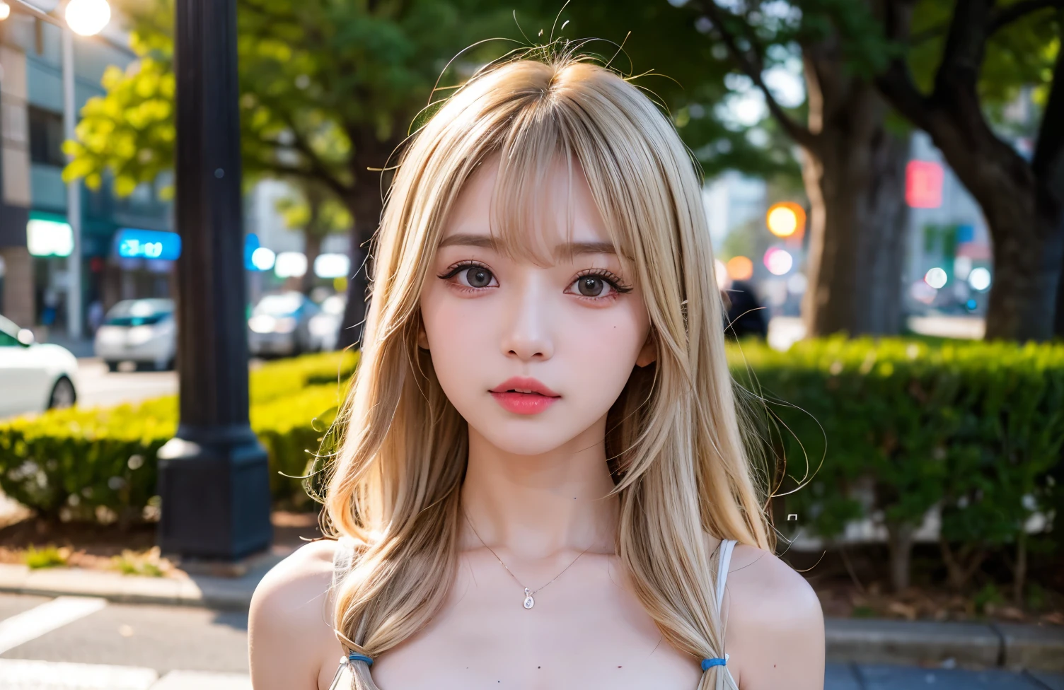 One Japanese woman、Medium hair, Side Tail、Light blonde、favorite , Beautiful, shining eyes, Stars in my eyes,Crystal clear eyes、Natural color lip、Street Snap、18-year-old、8K、Highest quality、flat chest、Like reality、Realistic、アフタースクール、カーディガンを腰に巻いている