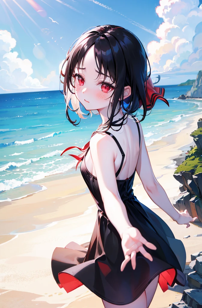 Random pose、Black Hair、Small breasts、Random pose、Red ribbon、Pale red eyes、classroom、Blushing、Embarrassed expression、、