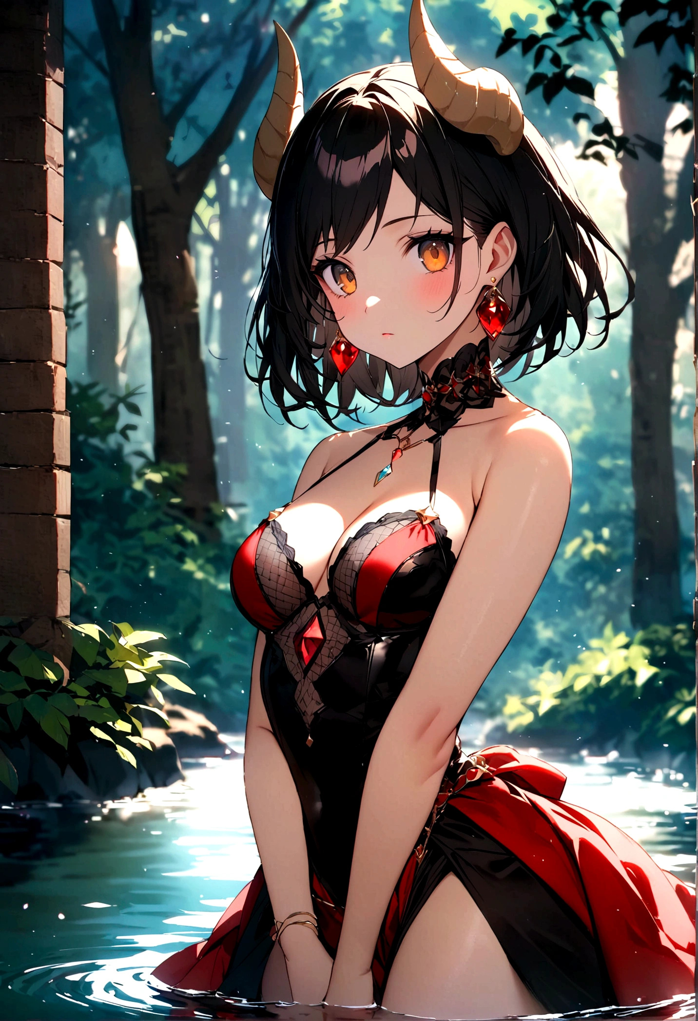 art modern 8k full HD Girl Naruto crut espetado hort raspado baixo molhado com gel dark black brilhante hair dragon horns, hair diamond , black fire eyes fair skin smooth metal earrings, patterned Nordic evil face + tatuagem de cobra em volta dos olhos head raised elegant standing stunning beauty, pure perfection night On the water half body, forest, depth of field, staring at the camera, two-dimensional desenho a lápis 8b giz de cera em grafite perfeito riscos fortes style