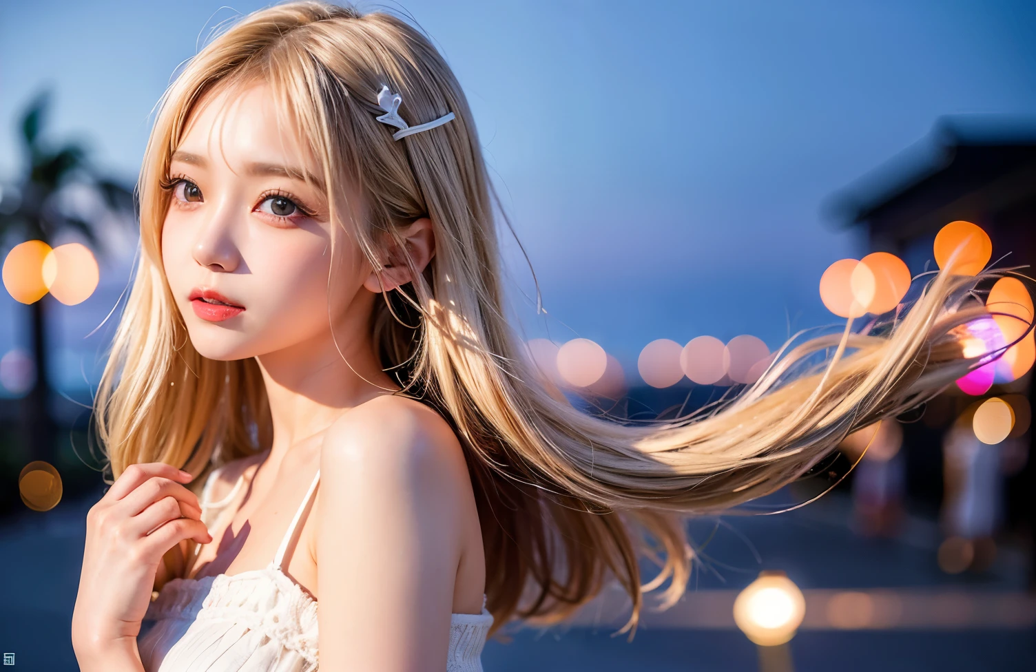 One Japanese woman、Medium hair, Side Tail、Light blonde、favorite , Beautiful, shining eyes, Stars in my eyes,Crystal clear eyes、Natural color lip、Street Snap、20-year-old、8K、Highest quality、flat chest、Like reality、Realistic、