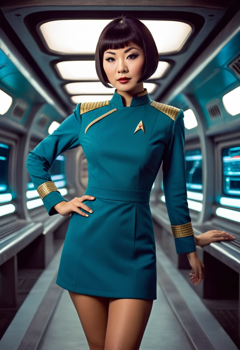 provocative, (sexy), very large breasts, ((cleavage)), very sexy, flirtatious, arousing, revealing, sensuous, teasing ((wearing a very revealing star trek original series 70s once piece mini dress bridge crew uniform)) (asian crew member with bob haircut and slim figure) ((in the style of a retro-futuristic, retro-scifi film set) ((in the style of a 70s erotic movie, soft focus, cinematic, pulp, porn, retro porn, 1970s film) ((ultra realistic, detailed and dynamic)) (nikon d850 film 4 kodak portra 400 camera f1.6 lens, rich colors, hyper realistic, lifelike texture, dramatic lighting, cinestill 800 tungsten, (RAW photo, nikon, 8k, Super detailed, advanced details, intricate details, Super detailed), (award winning photo, masterpiece), (photo-realistic) ((anatomically correct, High precision human body, highly detailed face, realistic skin)) Lighting: Face lighting, Ray tracing, reflective light, Structurally correct)