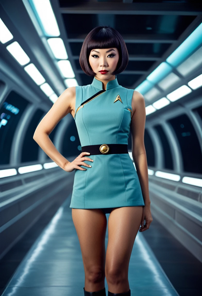 ((wearing star trek original series 60s/70s one piece sexist sexy short mini dress) (bridge crew uniform )) (asian-european, half-asian crew member with bob haircut and slim figure) ((in the style of a retro-futuristic, retro-scifi film set, pulp scifi book cover) ((in the style of a movie, soft focus, cinematic, pulp, film grain)