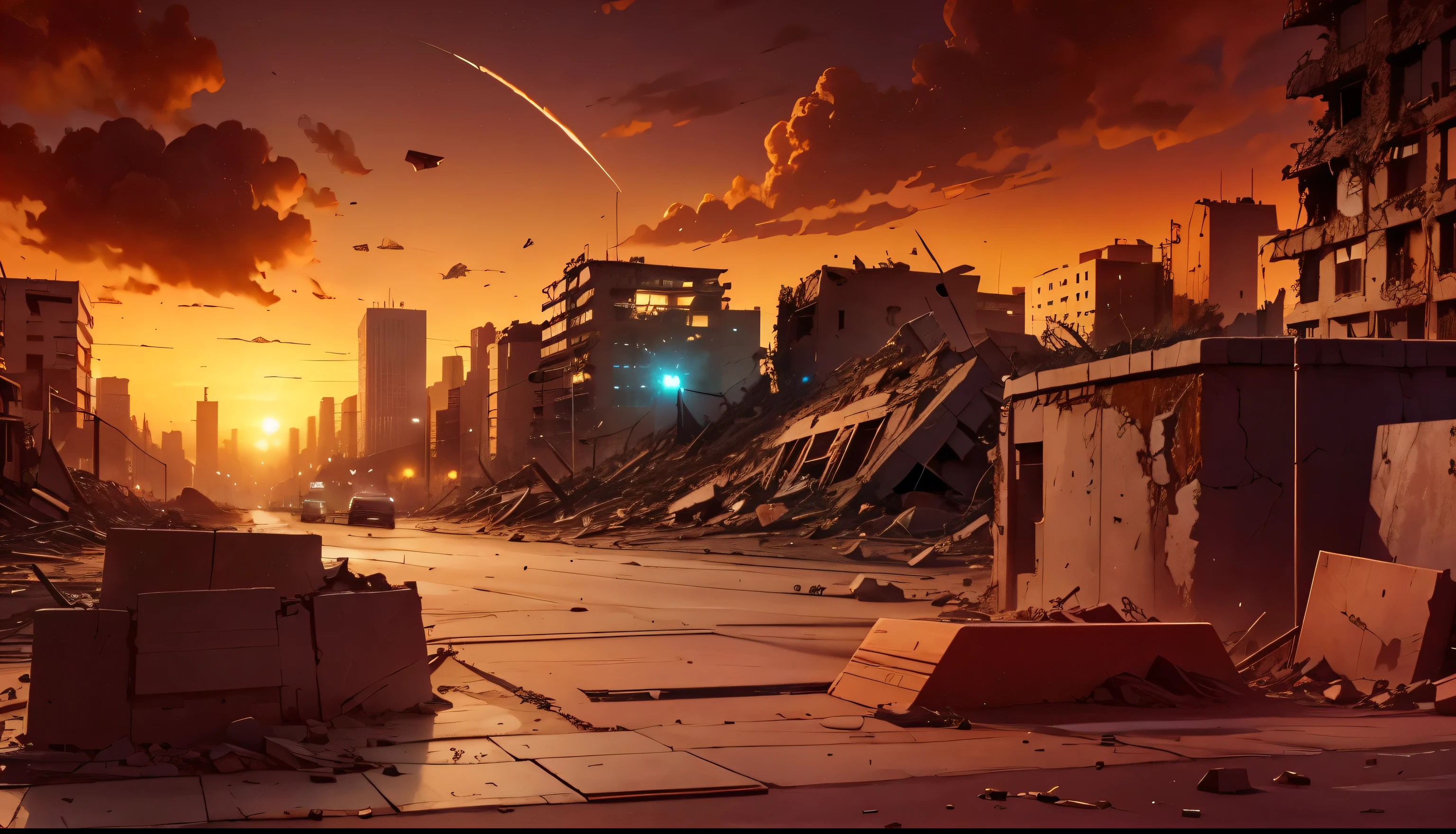 citys, destroyed, wreckage, Boulder, SUNSET, アニメ, fund