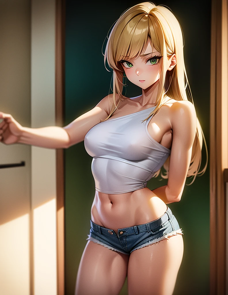 Sexy young girl with a good body, long hair blonde green eyes short white shirt bare shoulders, bright blue short jean shorts, short brown boots with white, standing, front view, front camera, bristly hair, spiky hair, bristly hair