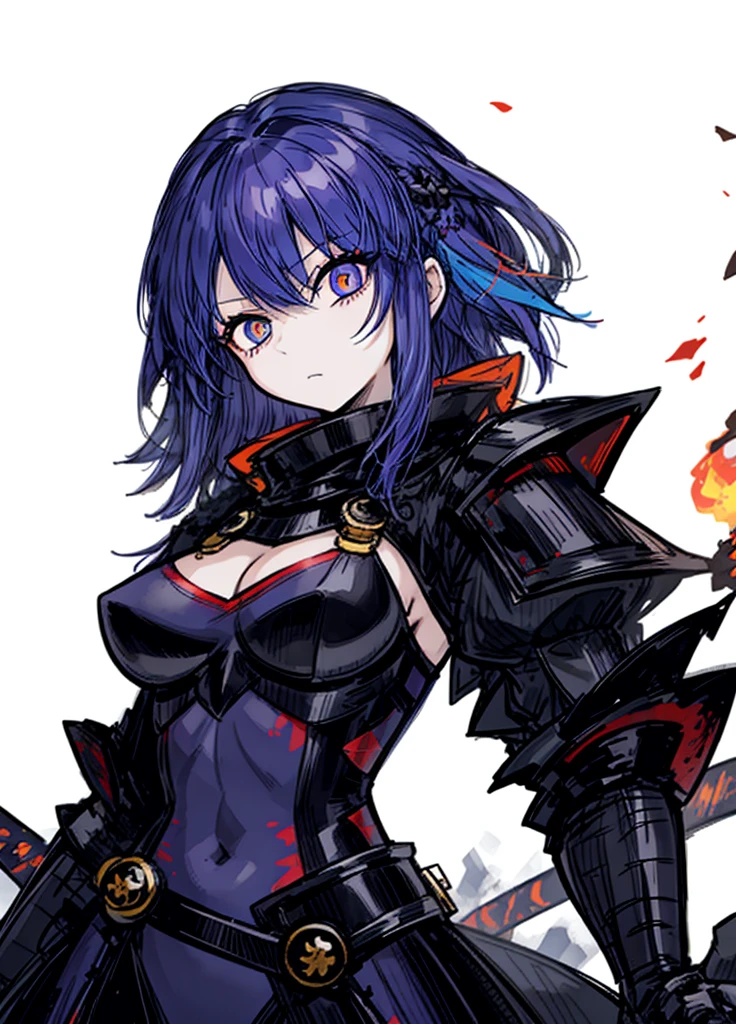 1girl, blue-purple hair, orange eyes, exposed torso, fire knight, legendary weapon ,beautiful clothes,(masterpiece, best quality), calm, aura of fire, fire katana