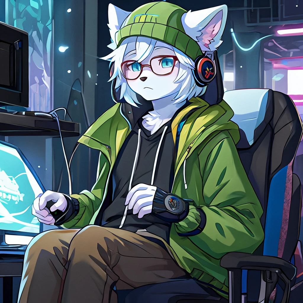 arctic fox, mascle, yellow jacket, moss green cap, wearing glasses, sitting on an economical chair, using gaming headphones, fluffly, white hair with light blue tips, gamer, 独奏