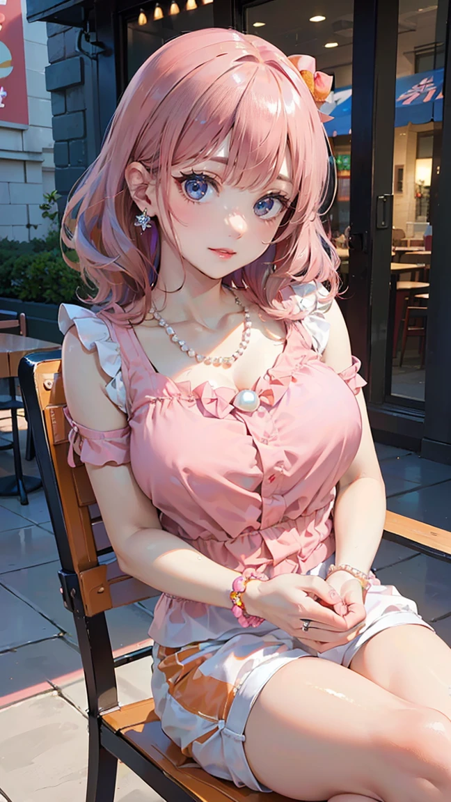 (Masterpiece, BestQuality:1.3), (ultra detailed:1.2), (hyperrealistic:1.3), (RAW photo:1.2), High detail RAW color photo, professional photograph, (Photorealistic:1.4), (realistic:1.4), professional lighting, perfect anatomy, (:1.2), (blush, detailed face), (cheerful Smile:1.5), (Pink Hair:1.5), Trending Hair&Trending Hairカラーをランダムに, earrings, necklace, bracelet, sexly, erotsexly, sexy gure poses, ((Aautiful woman wearing a peach-orange ruffled blouse and white shorts、Relaxed look on the cafe terrace、Pearl Necklace、Pose of sitting on a chair and crossing your legs。: 1.3)