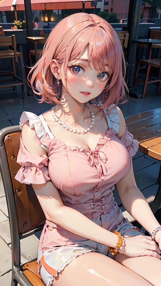 (Masterpiece, BestQuality:1.3), (ultra detailed:1.2), (hyperrealistic:1.3), (RAW photo:1.2), High detail RAW color photo, professional photograph, (Photorealistic:1.4), (realistic:1.4), professional lighting, perfect anatomy, (Big Breasts:1.2), (blush, detailed face), (cheerful Smile:1.5), (Pink Hair:1.5), Trending Hair&Trending Hairカラーをランダムに, earrings, necklace, bracelet, sexly, erotic sexly, Random sexy gravure poses, ((A beautiful woman wearing a peach-orange ruffled blouse and white shorts、Relaxed look on the cafe terrace、Pearl Necklace、Pose of sitting on a chair and crossing your legs。: 1.3)