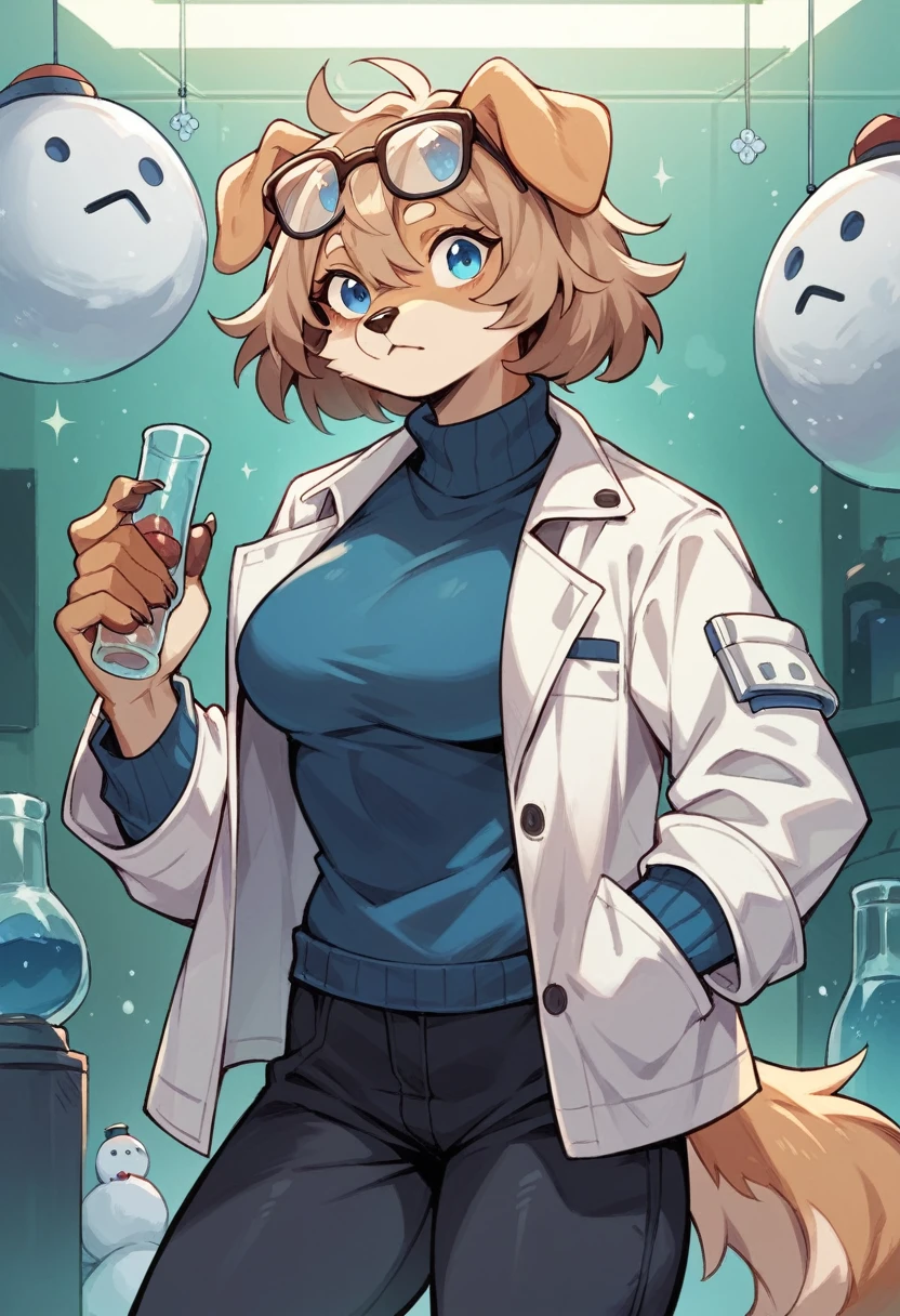 Anthro,Solo female , Furry, Dog, Light brown hair, messy brown hair, blue eyes, scientist, Glasses on herhead, Dark blue sweater with a snowman on it, black trousers, white jacket