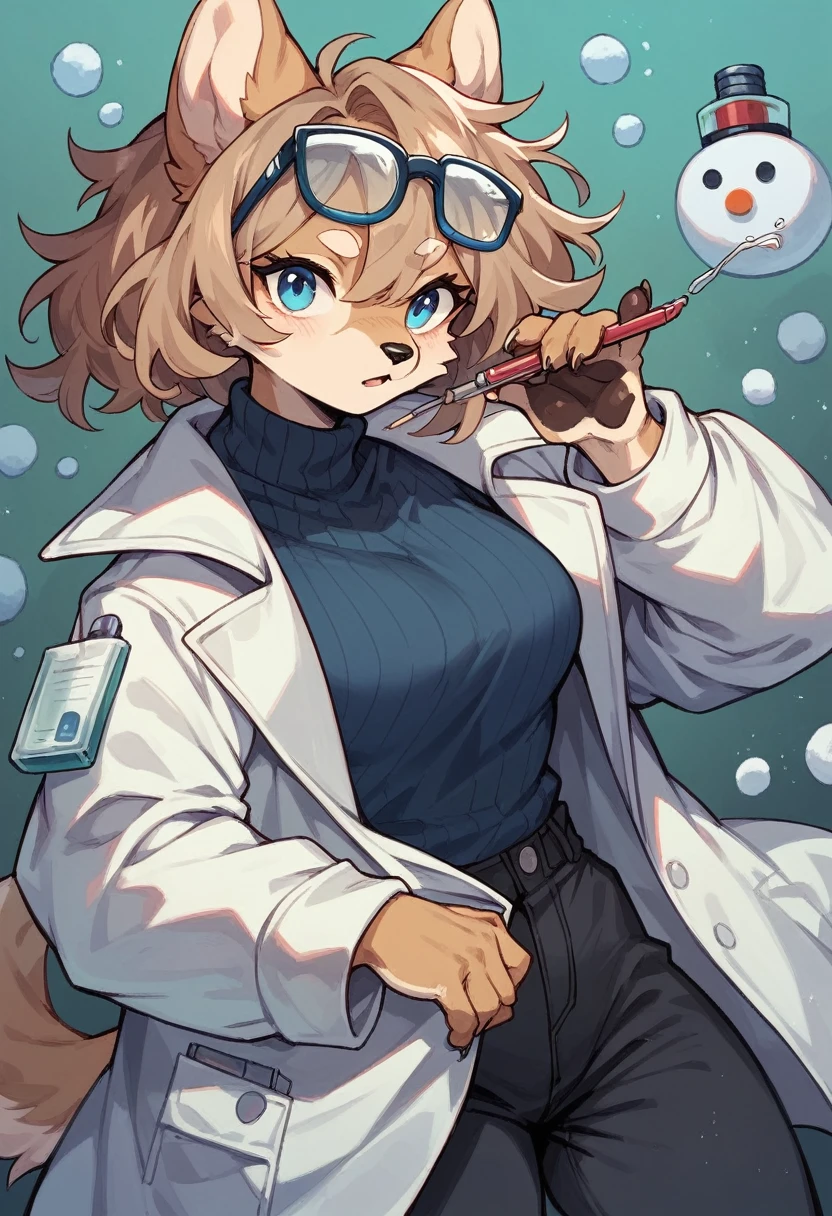 Anthro,Solo female , Furry, Dog, Light brown hair, messy brown hair, blue eyes, scientist, Glasses on herhead, Dark blue sweater with a snowman on it, black trousers, white jacket