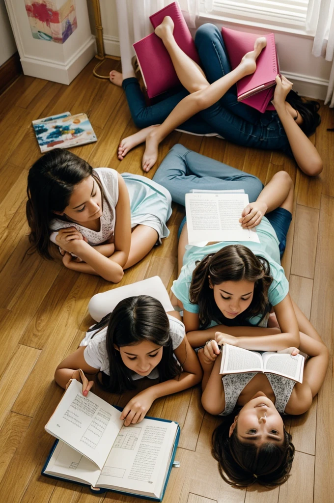 creates an image with a perspective from above in which two girls are seen lying on the floor while reading a diary-type notebook in a room which is decorated with paintings 