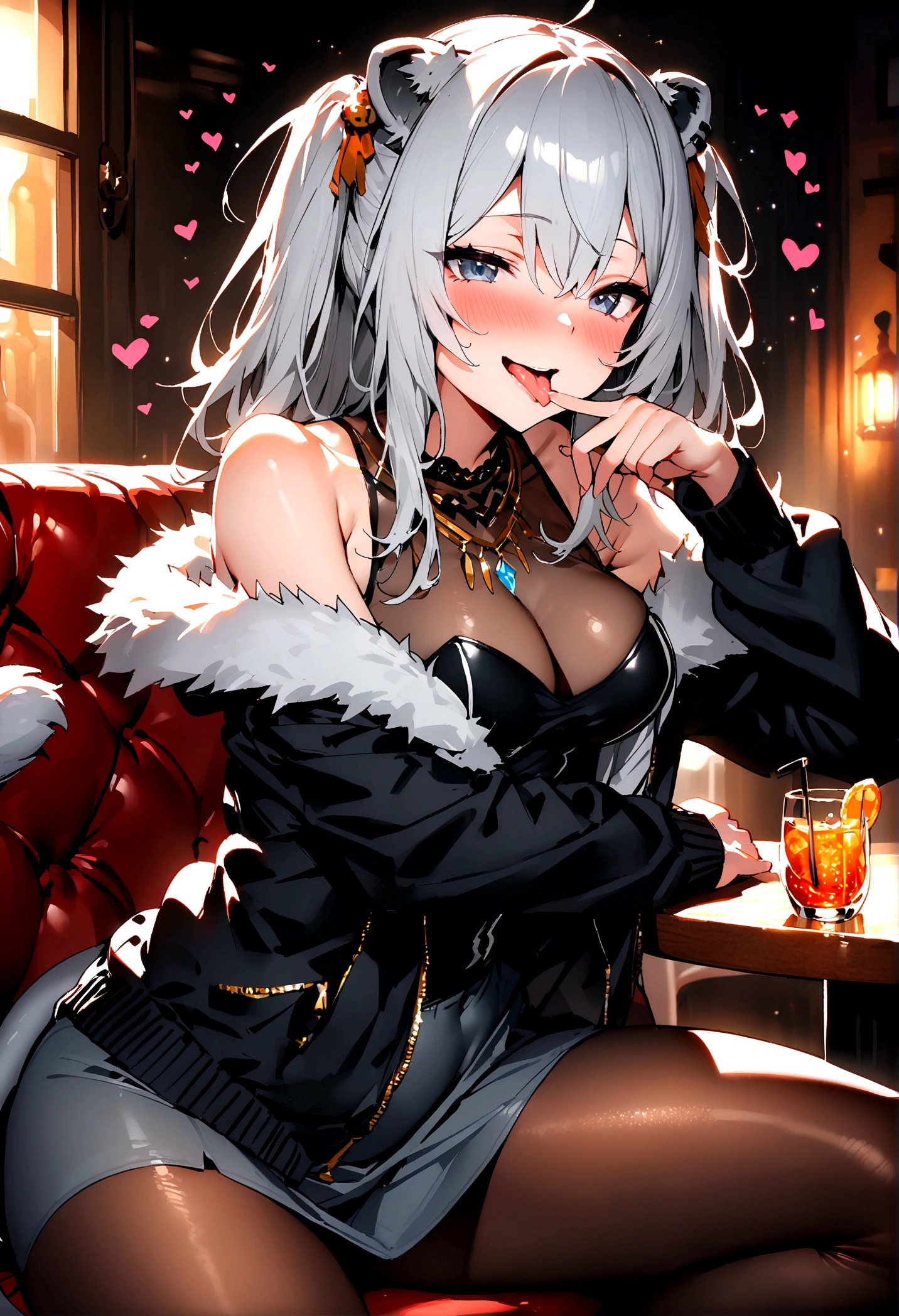 NSFW,masterpiece,Highest quality,High resolution,Super detailed,Shishirabotan\(Hololive\),Long Hair、Two Side Up、Earrings、Lion&#39;s Tail,necklace、Black Shirt、Sleeveless shirt、abdomen、See-through、Grey Skirt、片足pantyhose、pantyhose、fur-trimmed jacket、Black jacket、Off the shoulder,Black adult panties,(Bewitching Smile),blush,Luxurious Room,pub,counter,chair,Cocktail Glass,(Drunk),(Intoxication),Sitting in a chair,heart,Sexy pose,Panty shot,Open your mouth,Sticking out tongue,(Blowjob),(Deepthroat),(provoke)