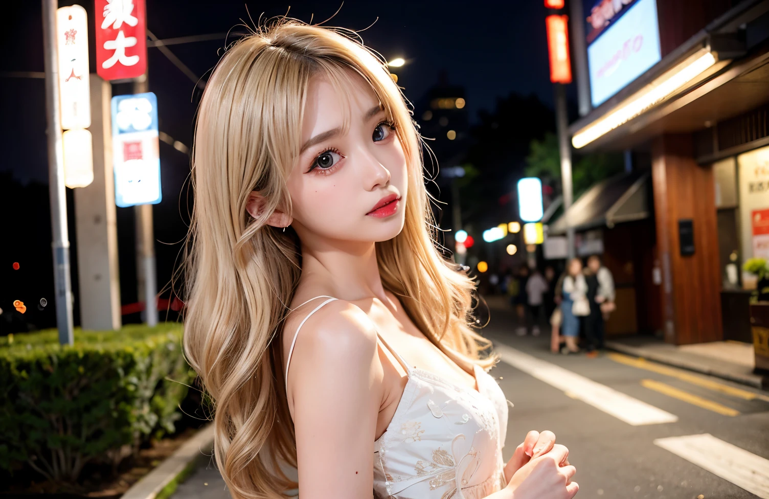 One Japanese woman、Medium hair, Side Tail、Light blonde、favorite , Beautiful, shining eyes, Stars in my eyes,Crystal clear eyes、Natural color lip、Street Snap、20-year-old、8K、Highest quality、flat chest、Like reality、Realistic、