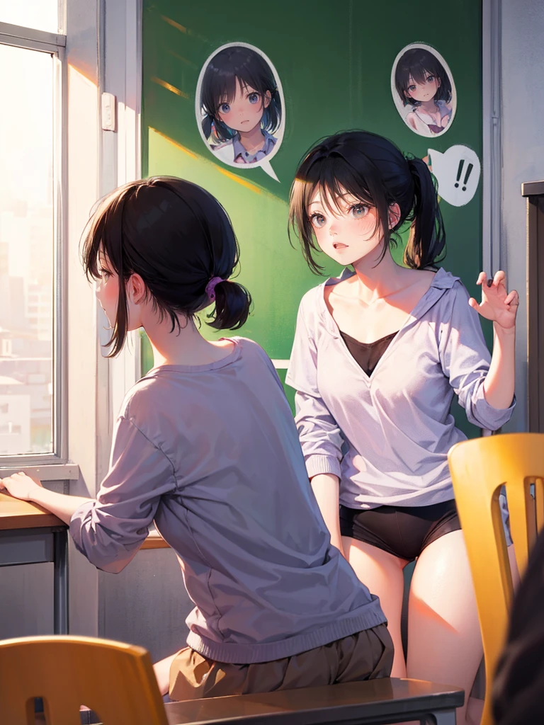 Random pose、Black Hair、Small breasts、Black Hair、Short Ponytail、Random pose、Pale purple eyes、、classroom、Blushing、Embarrassed expression、、
