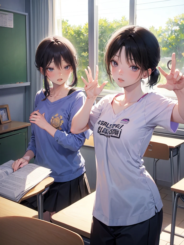 Random pose、Black Hair、Small breasts、Black Hair、Short Ponytail、Random pose、Pale purple eyes、、classroom、Blushing、Embarrassed expression、、
