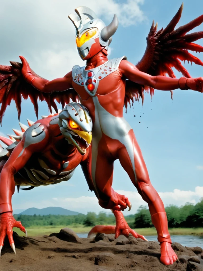 there is a red and white statue of a dragon with wings, tokusatsu, ultraman, kaiju battle, kaiju-eiga, kaiju, japanese cgi, high fantasy kamen rider, noriyoshi ohrai masterpiece, by Akira Toriyama, inspired by Noriyoshi Ohrai, shin megami, by Hiroyuki Tajima