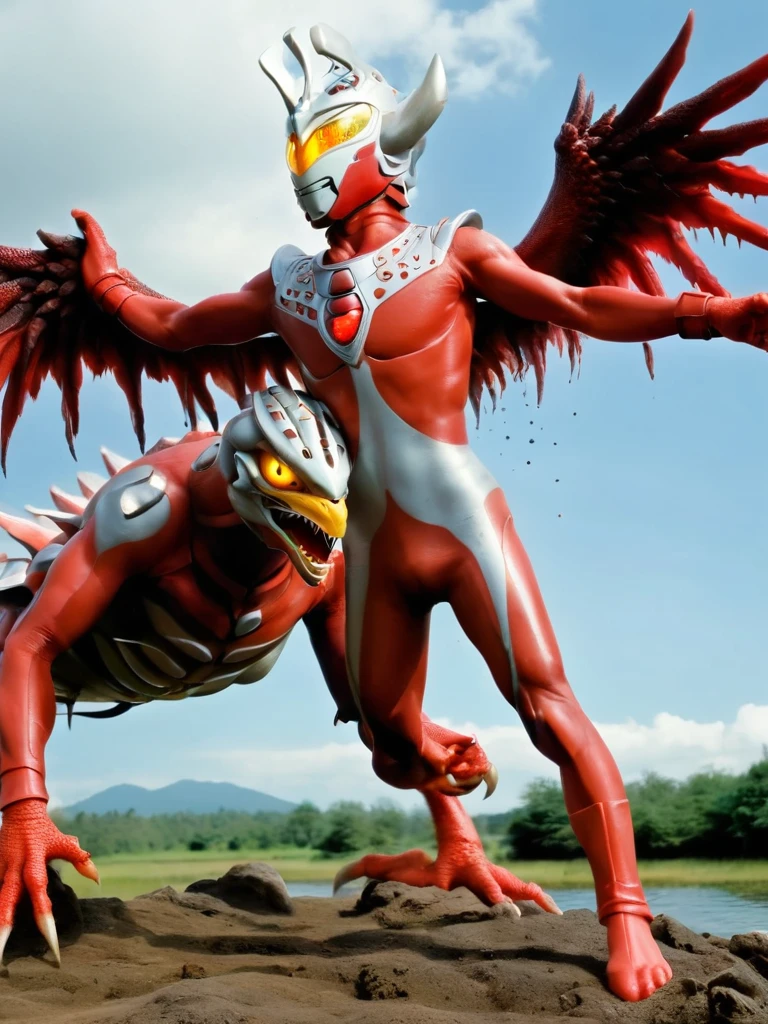 there is a red and white statue of a dragon with wings, tokusatsu, ultraman, kaiju battle, kaiju-eiga, kaiju, japanese cgi, high fantasy kamen rider, noriyoshi ohrai masterpiece, by Akira Toriyama, inspired by Noriyoshi Ohrai, shin megami, by Hiroyuki Tajima
