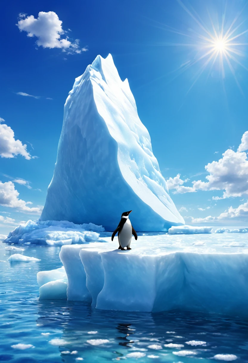 Penguin standing on an iceberg、Sunny midsummer sky、