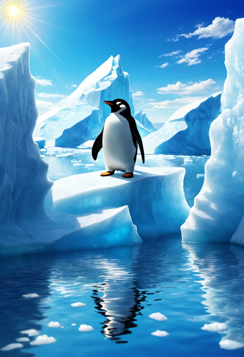 Penguin standing on an iceberg、Sunny midsummer sky、